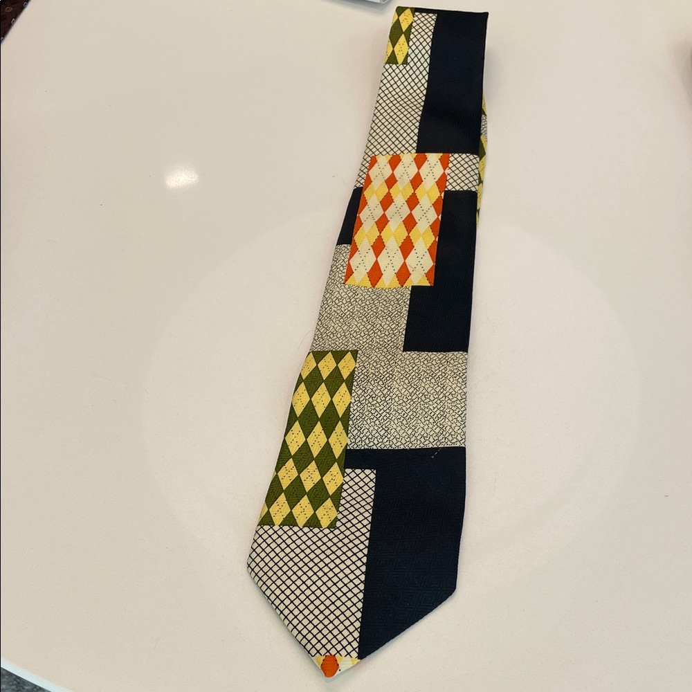 Patchwork Pattern Tie - Black, Orange, Yellow - image 1